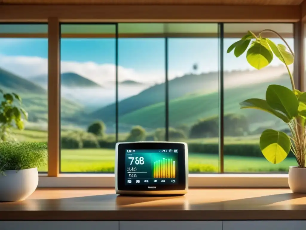 Interfaz digital de tecnología verde en casa sostenible, integrando consumo y producción de energía solar en armonía con la naturaleza