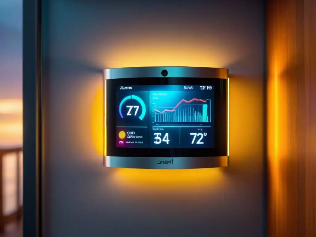 Interfaz futurista de gestión eficiente energía hogar IA con gráficos coloridos y datos en tiempo real, iluminando una habitación tenue