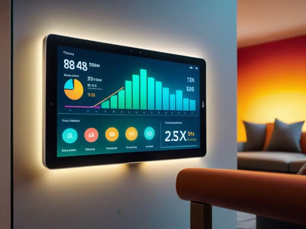 Interfaz futurista de gestión energética hogar IA revolución en tablet moderno, mostrando datos en tiempo real y gráficos coloridos