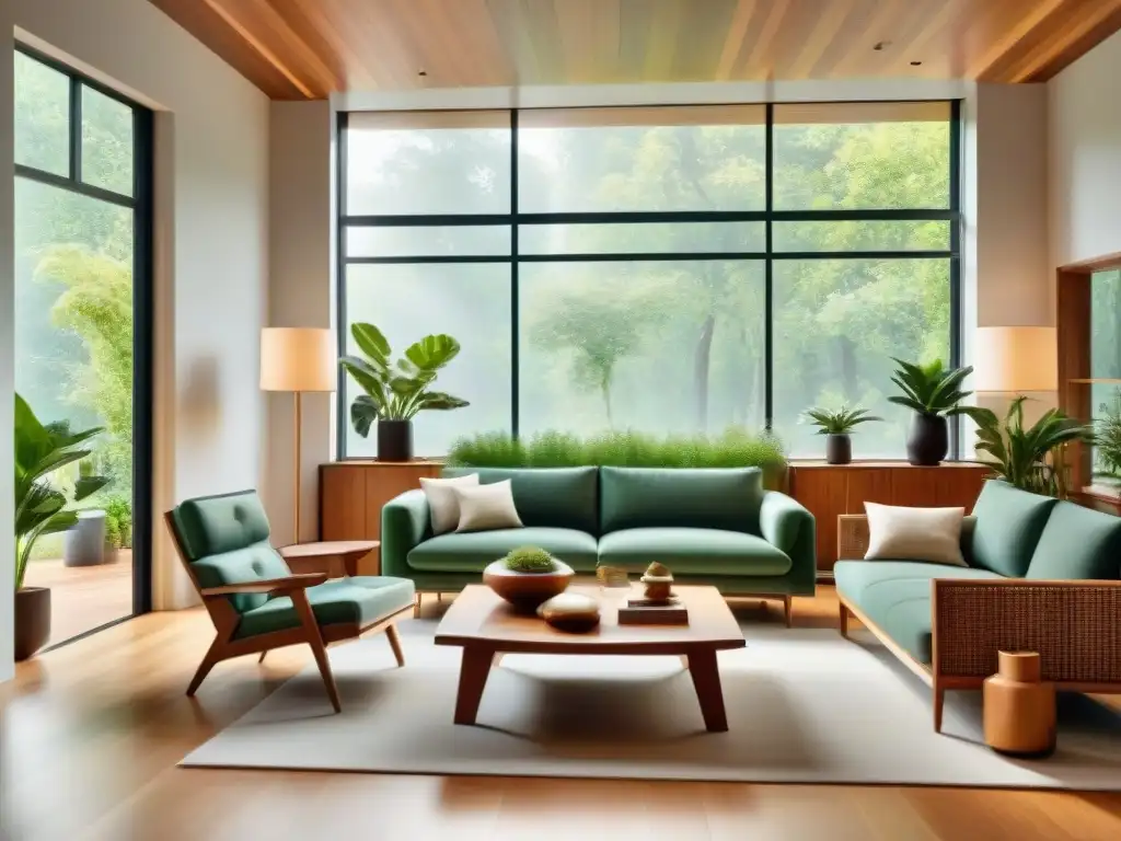 Diseño interior ecológico y sostenible: sala moderna con luz natural, muebles de madera recuperada y plantas para purificar el aire