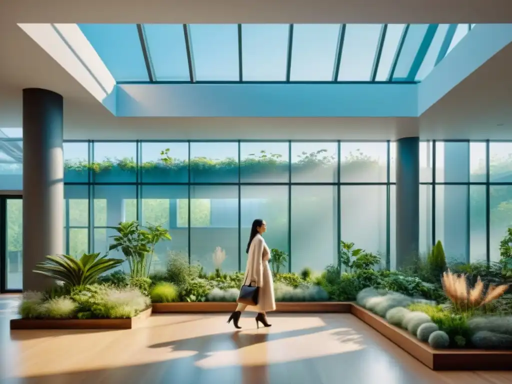 Interior de edificio LEED certificado con exuberante jardín interior, fusionando naturaleza y diseño moderno de forma armoniosa