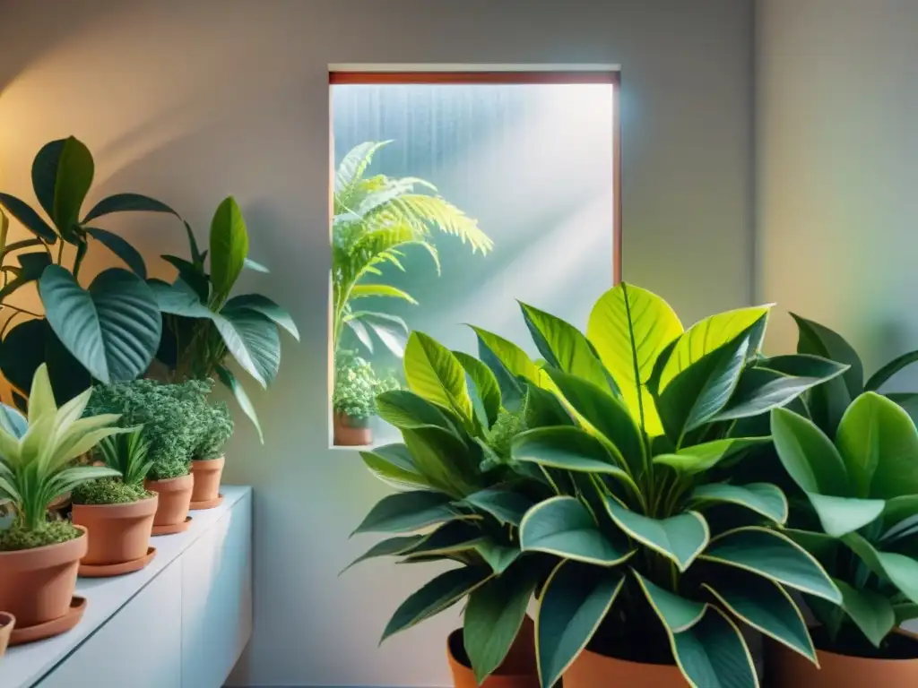 Un jardín interior sereno y exuberante con plantas en macetas, iluminado por el sol