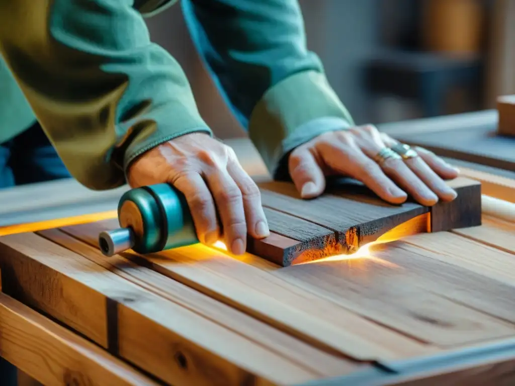 Diseño interior sostenible en economía circular: Artesanos crean muebles únicos con madera reciclada en un taller luminoso