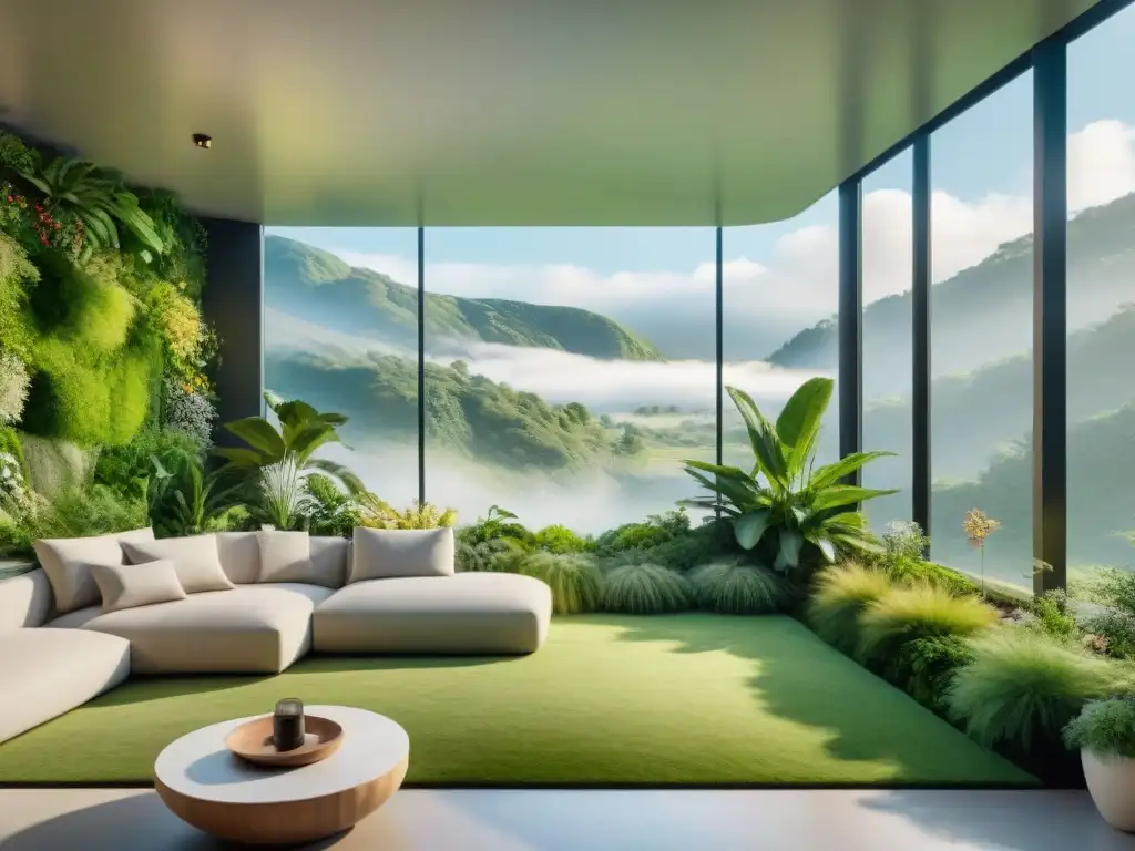 Diseño interior sostenible con tecnologías emergentes: sala ecofriendly bañada en luz natural, muebles reciclados y jardín vertical vibrante