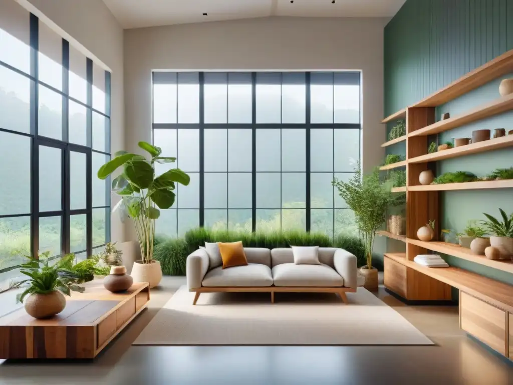 Renovación de interiores con diseño ecológico: Espacio ecofriendly con muebles de madera reciclada, iluminación eficiente y plantas