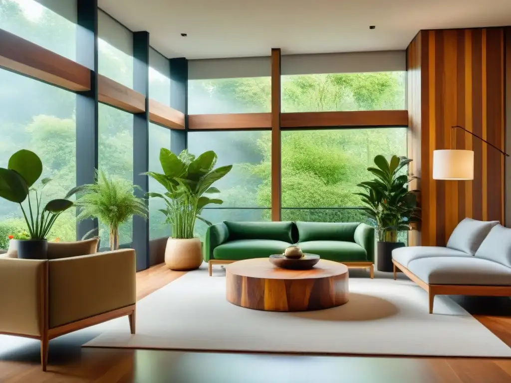 Diseño de interiores sostenible: Sala ecológica con muebles de madera recuperada, iluminación LED eficiente y plantas purificadoras