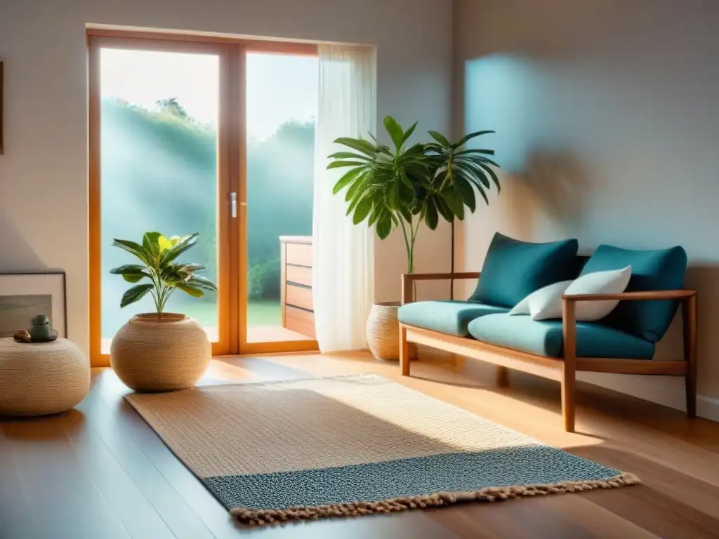 Diseño de interiores sostenible: sala minimalista con muebles de madera, plantas y decoración ecofriendly iluminada por luz natural