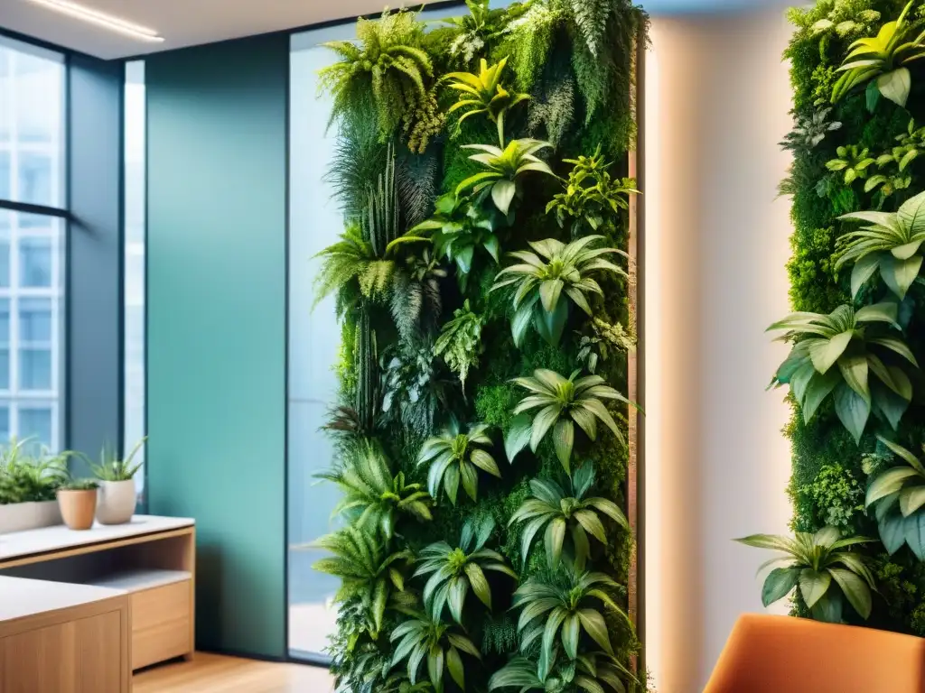 Interiores sostenibles que inspiran bienestar y confort natural con una impresionante pared verde llena de vida en una oficina moderna