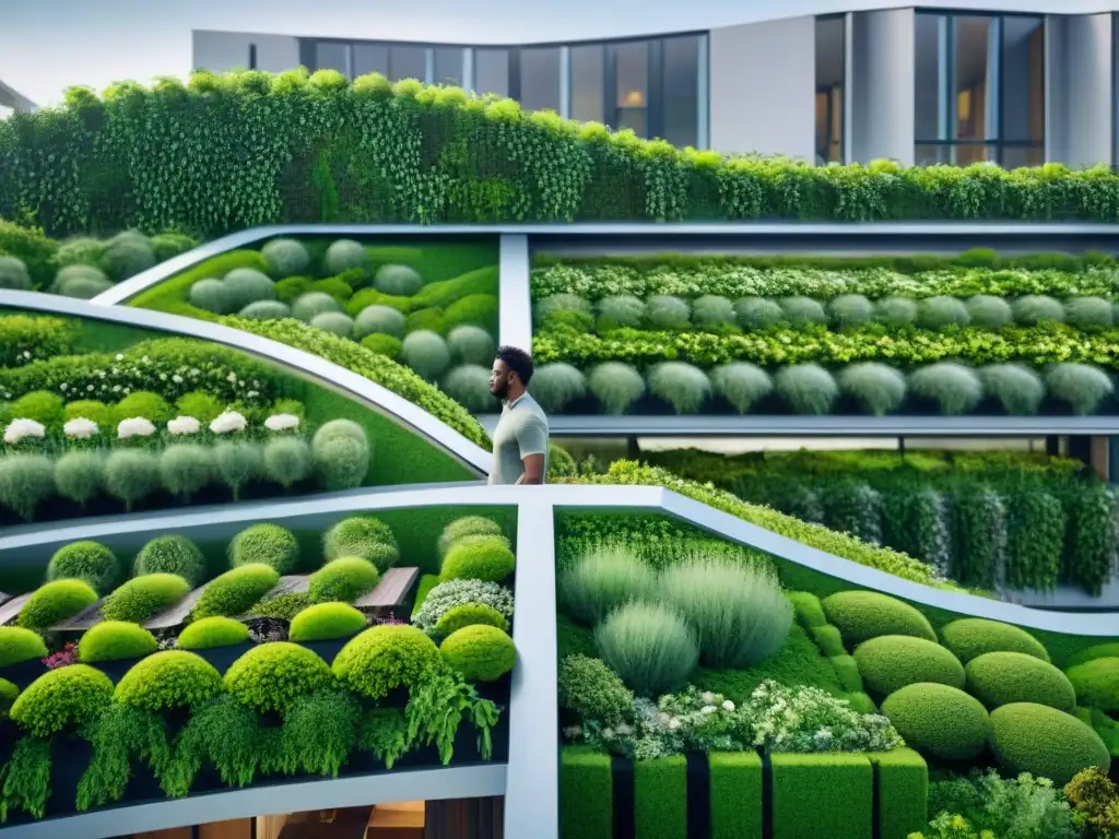 Una intersección residencial verde vibrante con unidades ecoamigables y jardines verticales, ideal para una marca cosmética sostenible ecológica