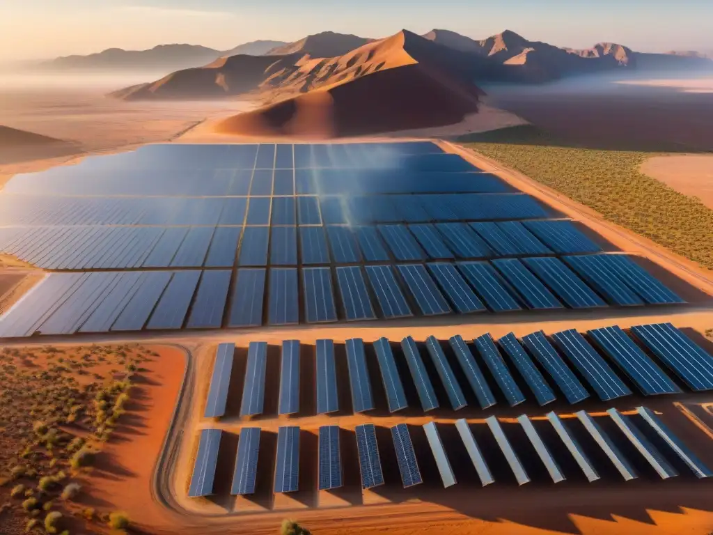 Inversiones energía renovable huella ecológica: granja solar en desierto, paneles brillantes reflejando luz solar