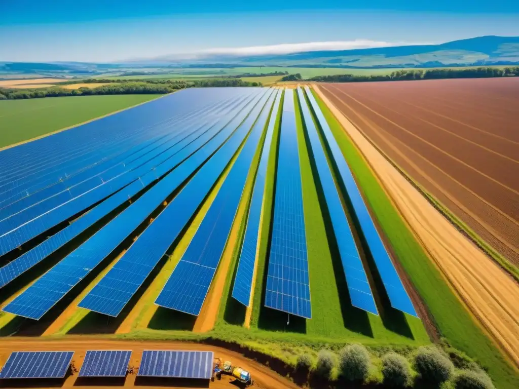 Inversiones en energía renovable: ingenieros inspeccionando paneles solares en una granja solar, armonía entre tecnología y naturaleza