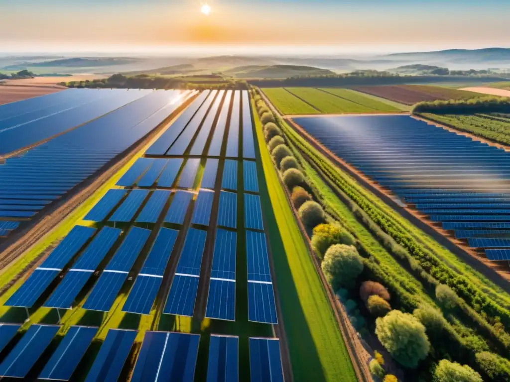 Inversiones en energía renovable: Un vasto campo solar bajo un cielo azul, reflejando eficiencia y sostenibilidad