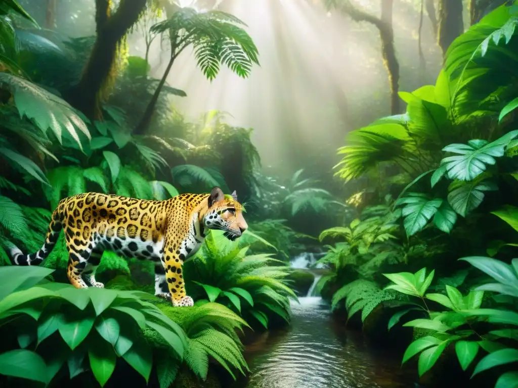 Un jaguar majestuoso acecha en la selva, junto a aves tropicales