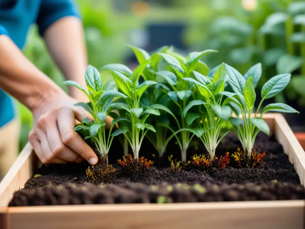 Un jardín compacto y sostenible cobra vida con manos plantando variadas plántulas en tierra oscura y rica