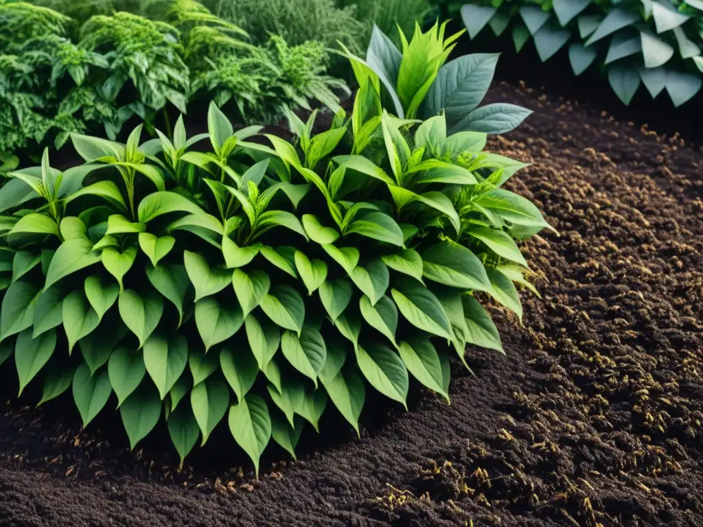 Un jardín exuberante y saludable, resaltando los beneficios del mulching para jardín