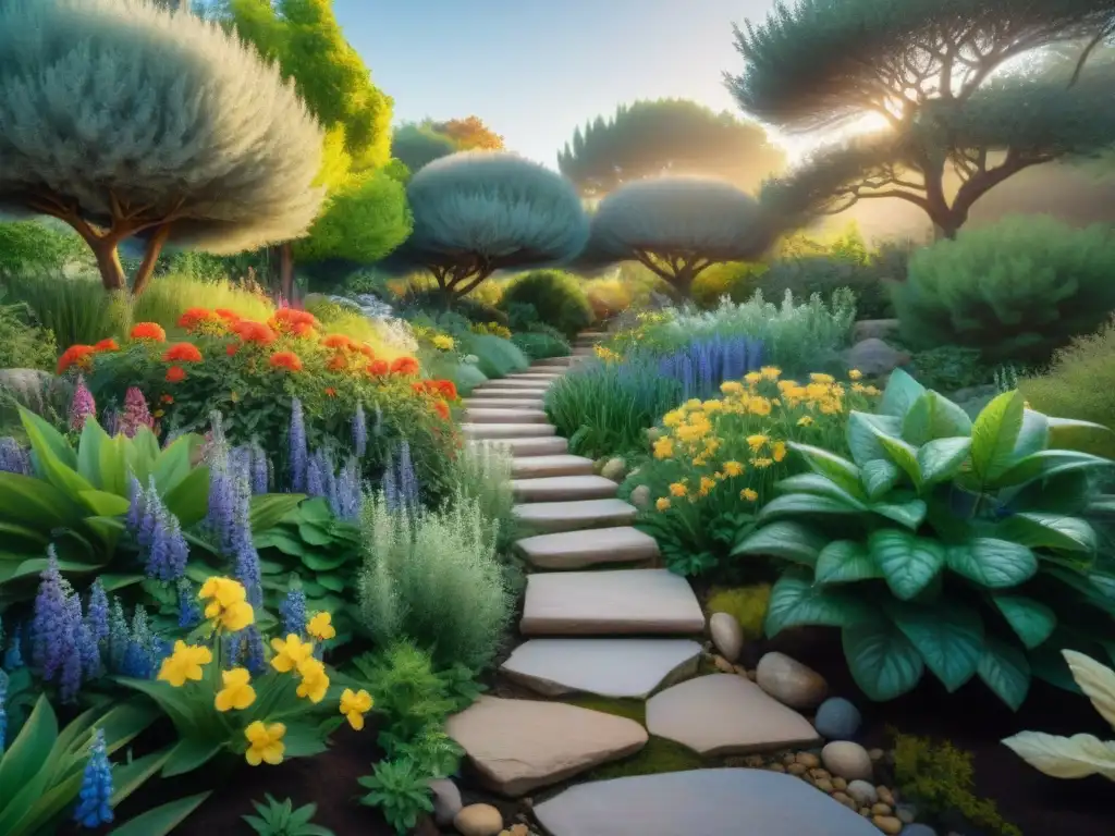 Un jardín exuberante y vibrante que muestra la armonía de plantas nativas y flores coloridas