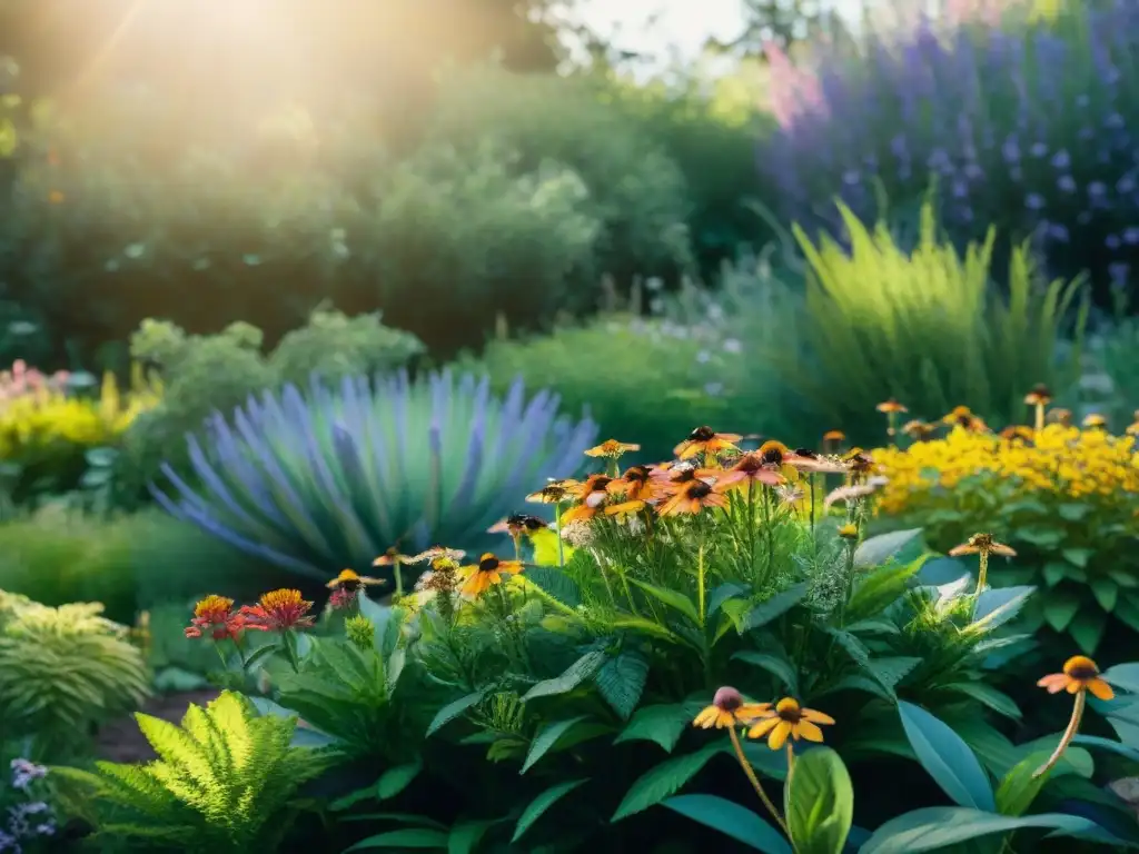 Un jardín lleno de plantas nativas coloridas, flores en flor y polinizadores ocupados como abejas y mariposas