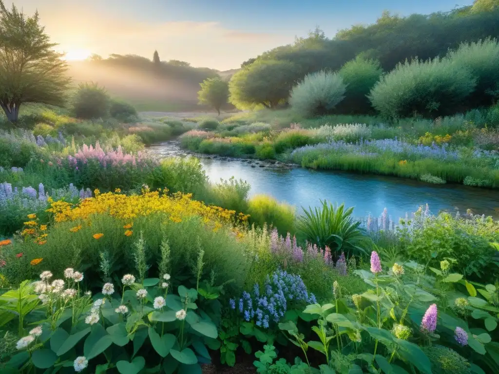 Un jardín nativo vibrante y exuberante, lleno de flores silvestres coloridas y altos pastos, atrae mariposas y abejas