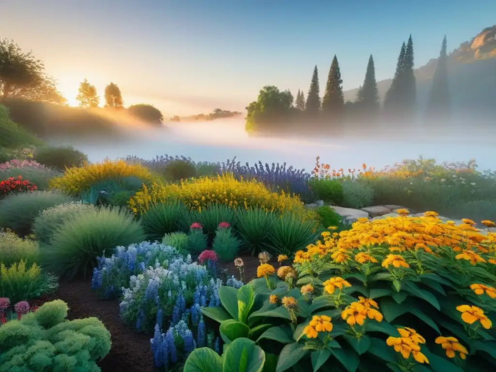 Un jardín de plantas nativas en plena floración, lleno de color y vida