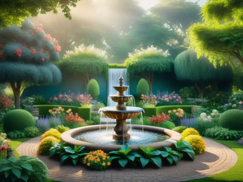 Un jardín sereno con una fuente de agua sostenible rodeada de vegetación exuberante y flores coloridas