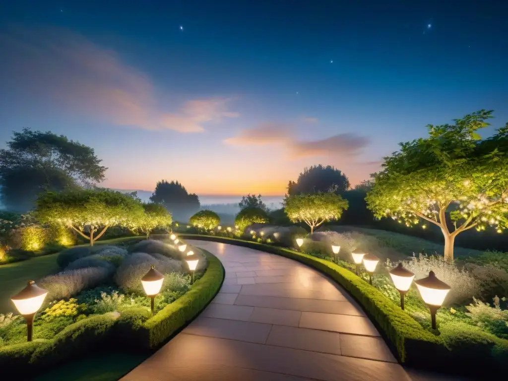 Un jardín sereno iluminado por una iluminación sostenible, respetando el cielo nocturno