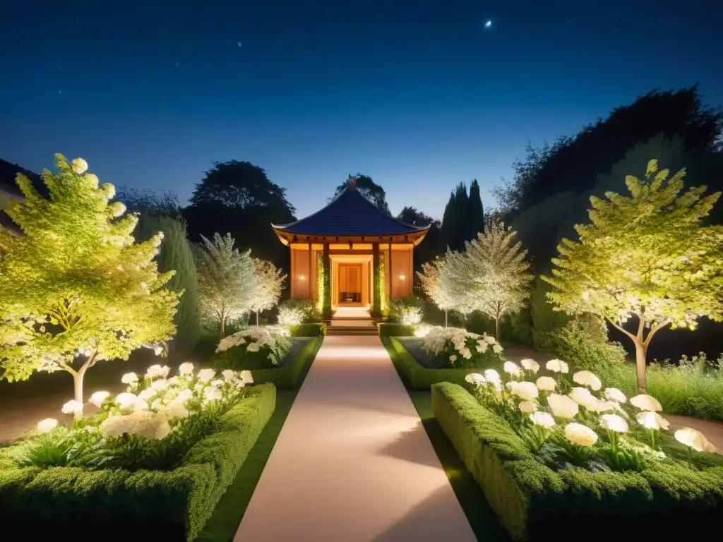 Un jardín sereno iluminado por luces solares cálidas, respetando el cielo estrellado