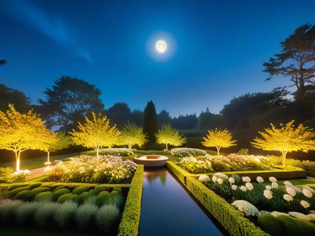 Un jardín sereno iluminado por una luz sostenible, respetando el cielo nocturno