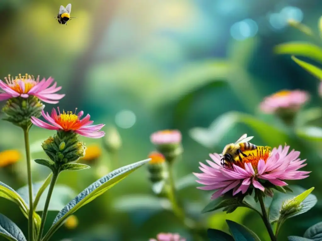 Un jardín soleado rebosante de flores coloridas, abejas y mariposas