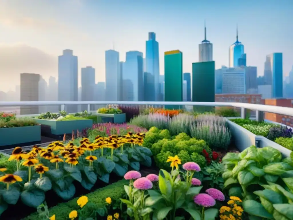 Un jardín de techos verdes vibrante y exuberante, con flores y vegetales coloridos bajo el sol