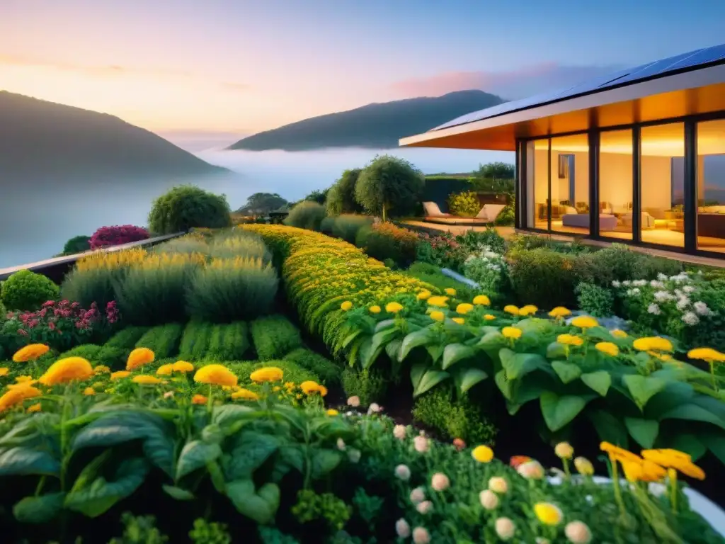 Un jardín de tejado verde vibrante y exuberante en un hogar ecológico moderno, con paneles solares y sistema de recolección de agua de lluvia, rodeado de flores y plantas