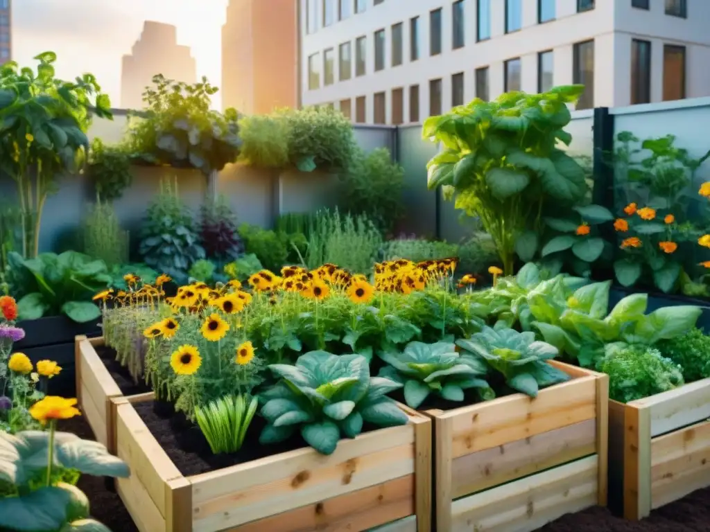 Un jardín urbano diverso rebosante de vida y color, cultivando alimentos en espacios urbanos con ingenio y belleza