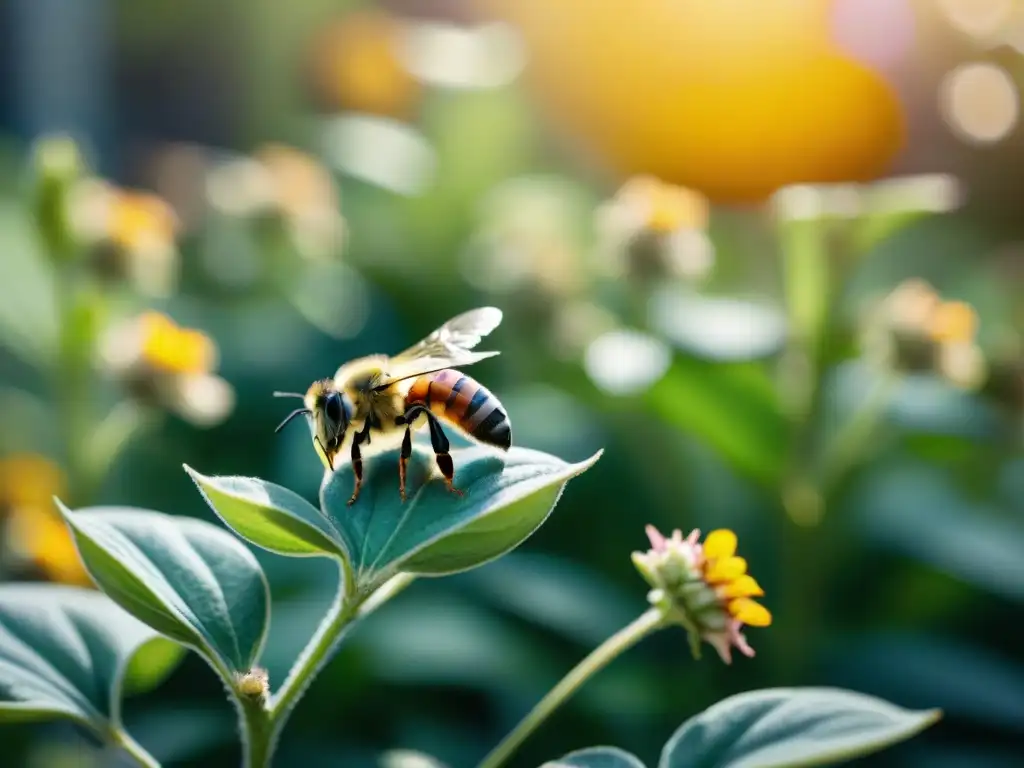 Un jardín urbano lleno de flores vibrantes con abejas y mariposas revoloteando