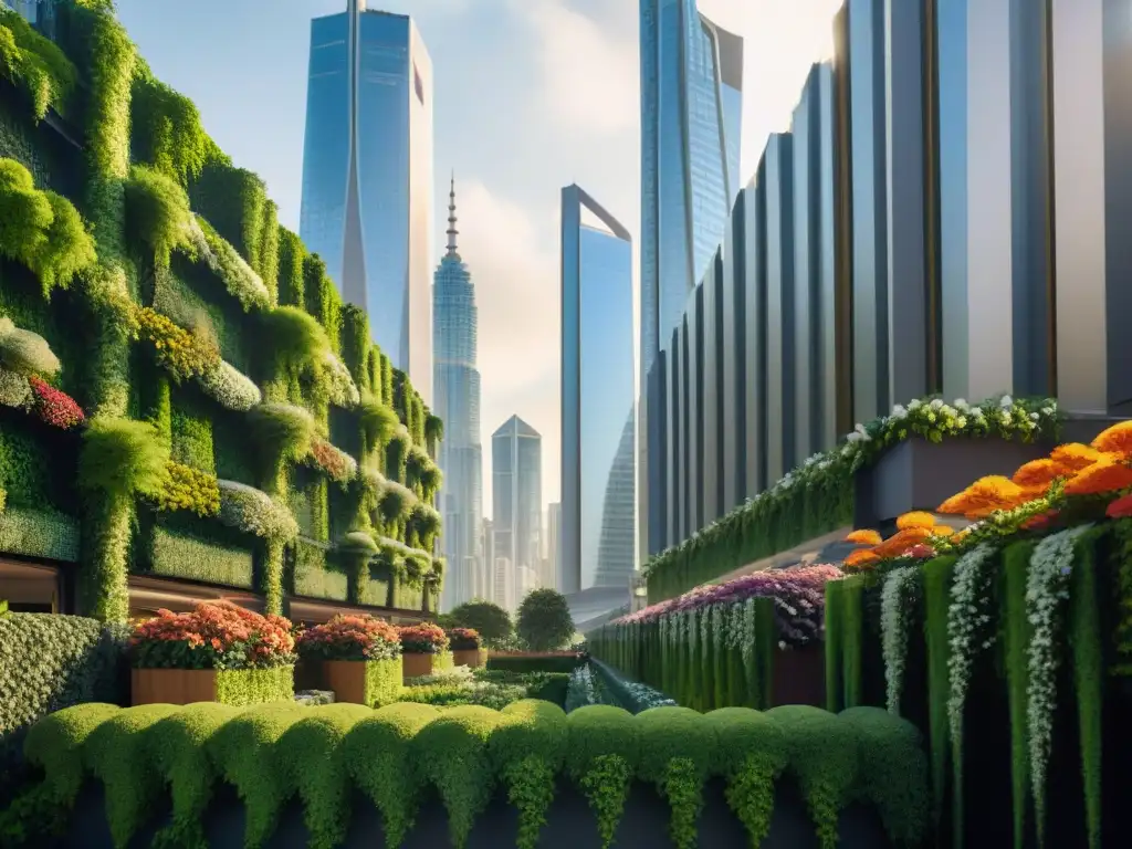 Jardines verticales adornan la ciudad futurista al atardecer