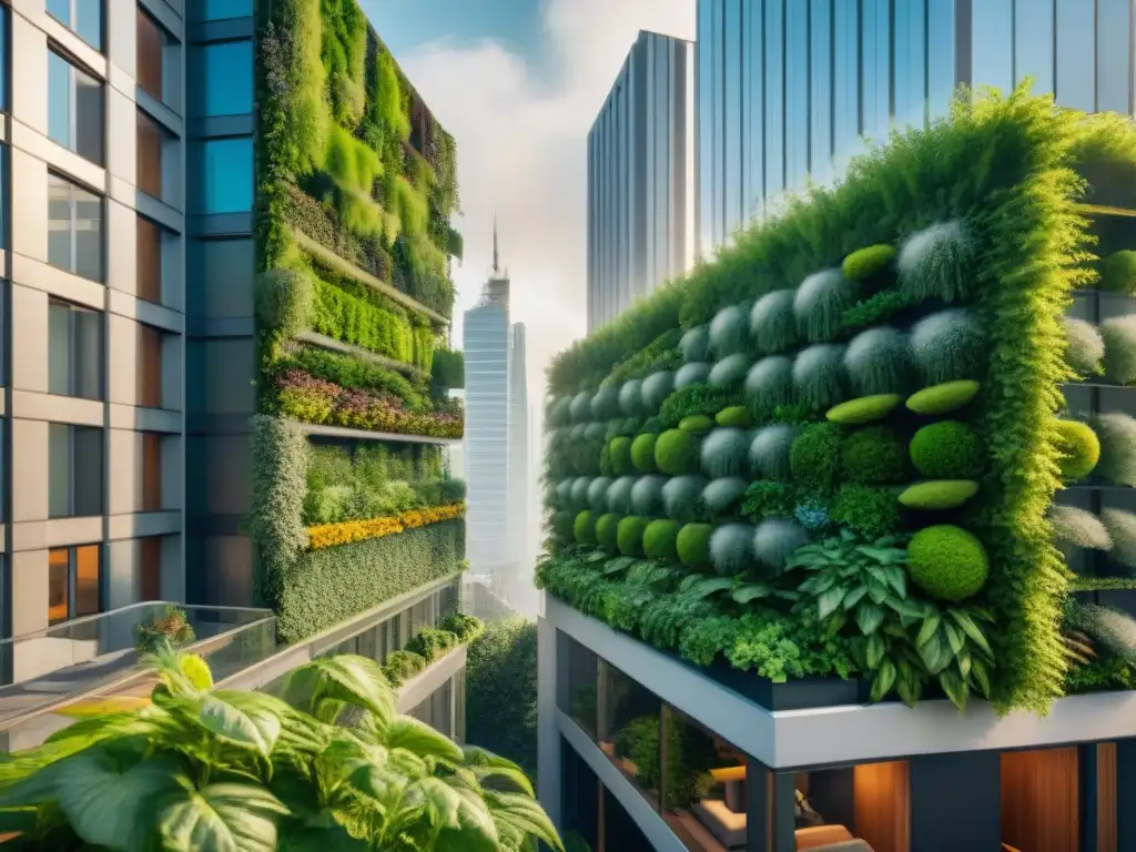 Jardines verticales para ciudades sostenibles: un paisaje urbano con rascacielos adornados de exuberantes jardines verticales