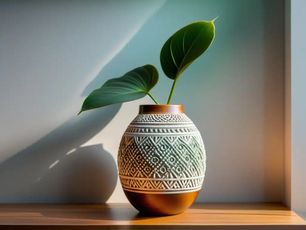 Un jarrón de cerámica ecológica en un estante de madera, iluminado por luz natural, embellece el diseño interior