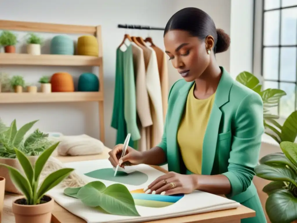 Una joven diseñadora de moda sostenible crea con cuidado una prenda en un estudio luminoso rodeado de plantas, bocetos y telas ecológicas