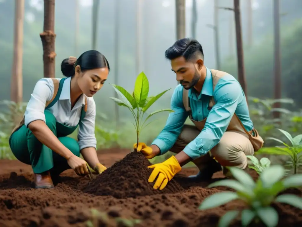 Jóvenes emprendedores apasionados plantan árboles en un bosque