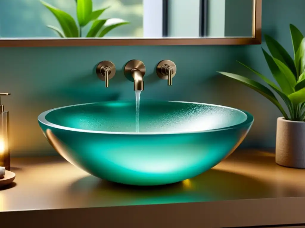 Un lavabo moderno de vidrio reciclado, iluminado por la luz natural para resaltar su diseño sostenible