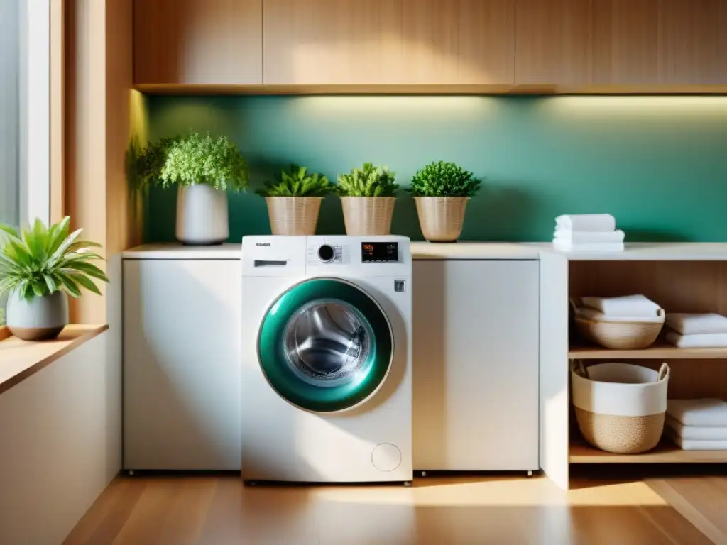 Una lavadora de bajo consumo en un cuarto luminoso y moderno, con ropa limpia y planta verde