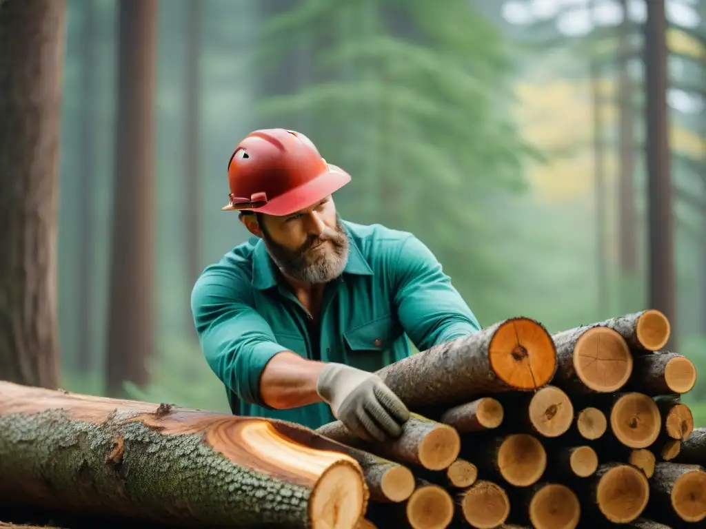 Un leñador selecciona con cuidado un tronco de madera sostenible en un frondoso bosque verde