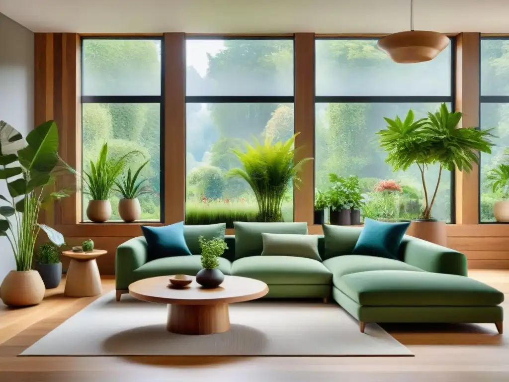 Un living ecológico y moderno con muebles sostenibles, rodeado de plantas