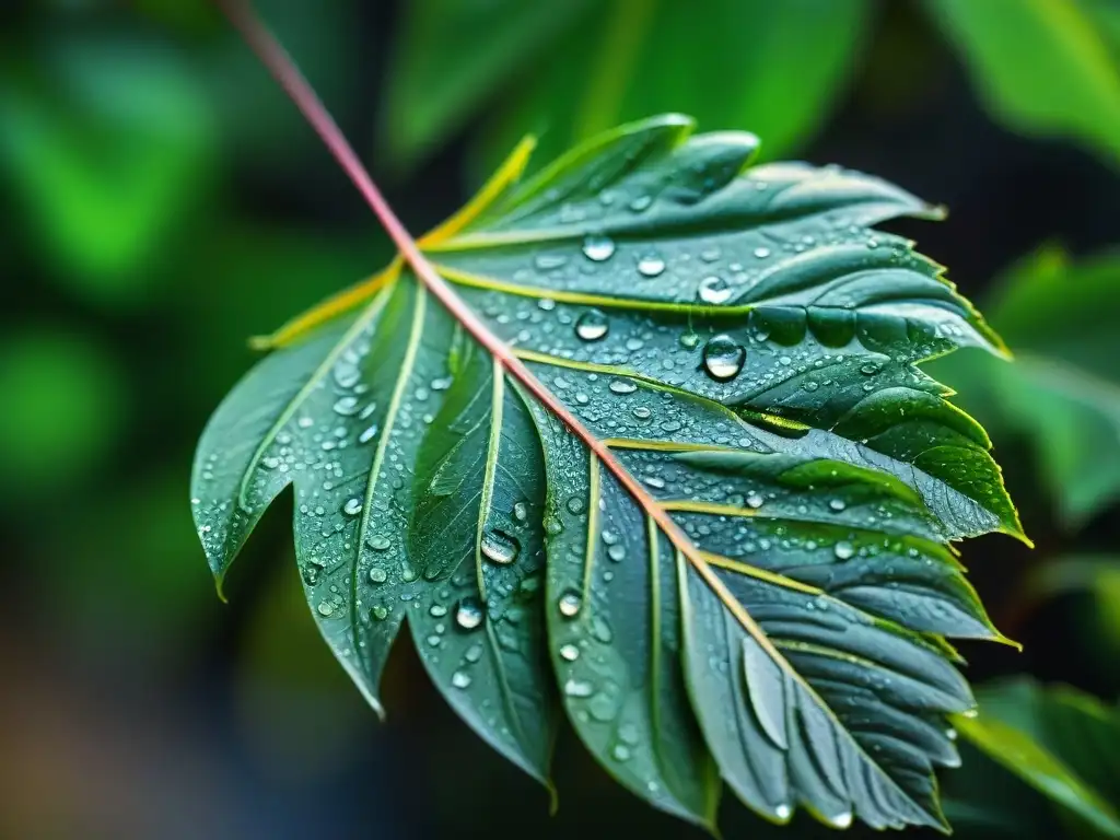 Lluvia en hojas verdes, reflejos y patrones detallados