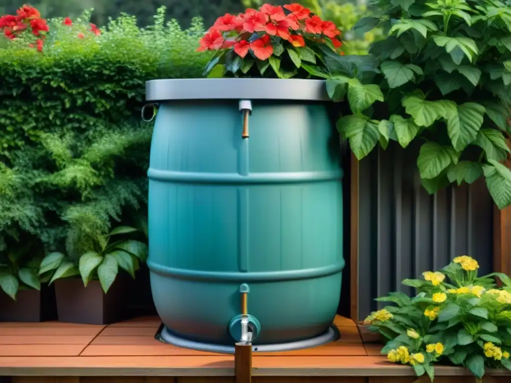 Barrel de lluvia rebosante en jardín, reflejando colores vibrantes