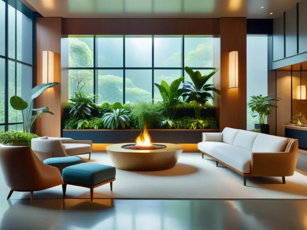 Un lobby de hotel ecofriendly lujoso con mobiliario moderno, plantas exuberantes y decoración sostenible