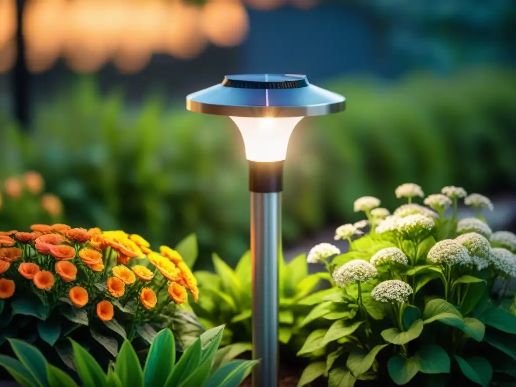 Luces solares jardín: estética y funcionalidad iluminan un jardín exuberante al anochecer