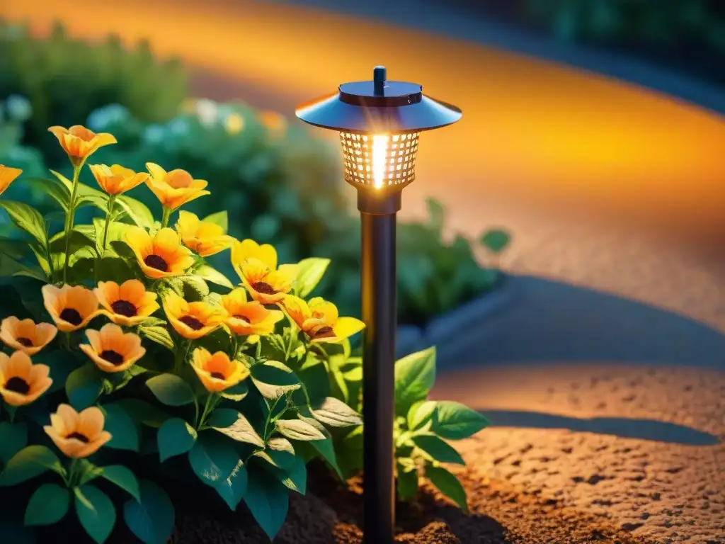 Luces solares jardín iluminando flores vibrantes y sendero, creando juego de luces y sombras en atmósfera mágica