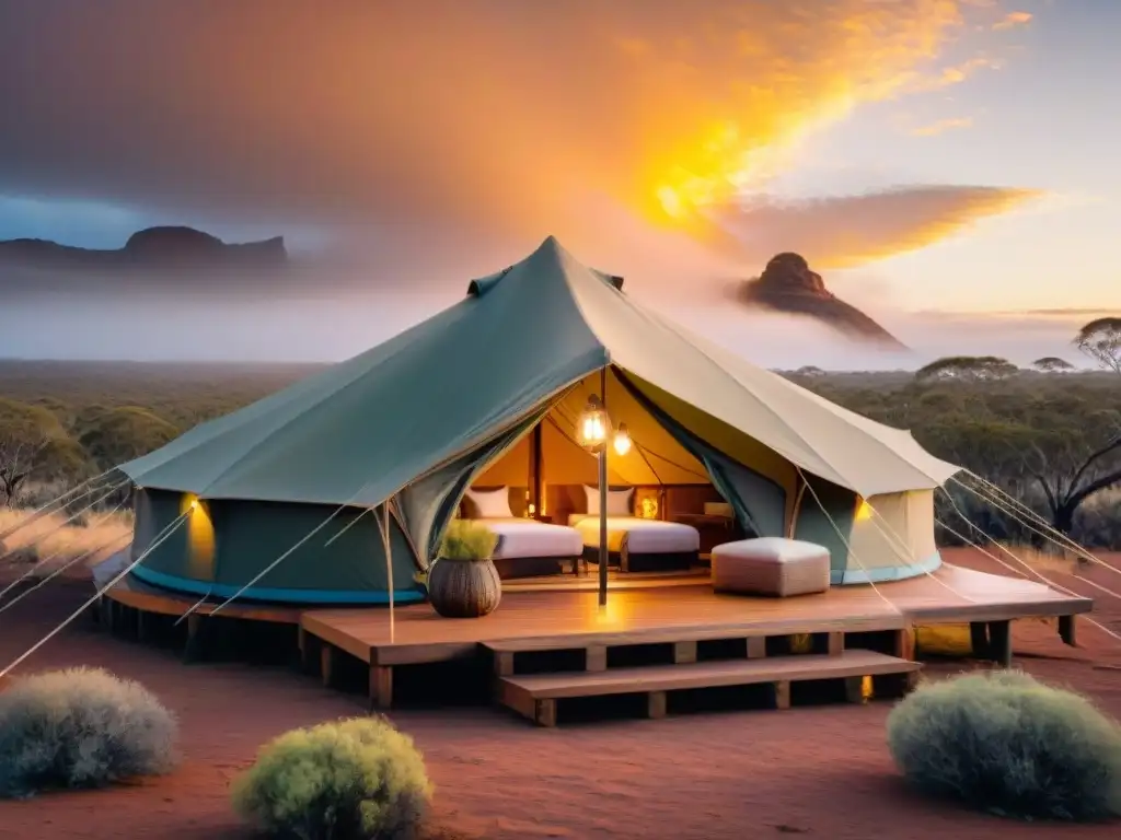 Un lujoso glamping ecológico en Australia: tienda sostenible en el Outback al atardecer, rodeada de naturaleza