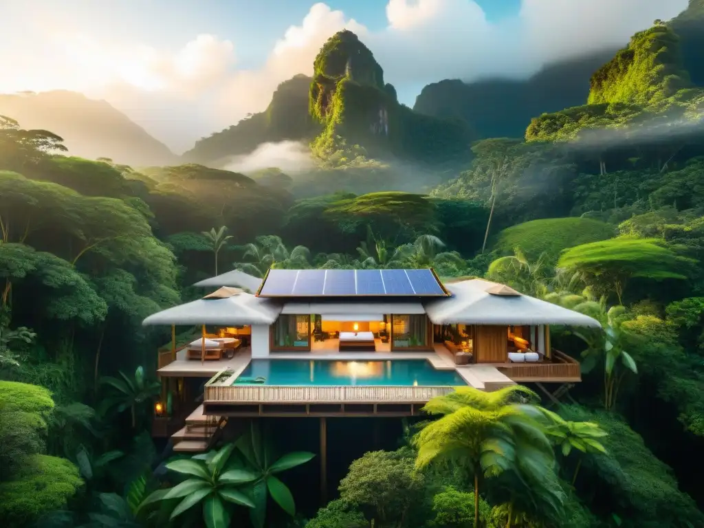 Un lujoso hotel ecológico en la selva tropical con energía solar y tejados verdes, rodeado de naturaleza exuberante y una cascada cristalina