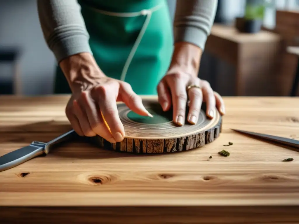 Madera reciclada transformada en una mesa por manos artesanas, ejemplificando el diseño interior sostenible economía circular