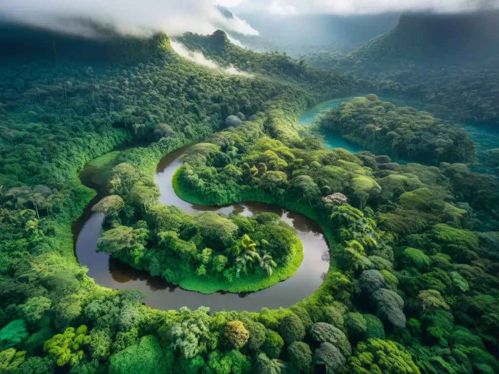 Un mágico paraíso natural con un exuberante dosel tropical y río serpenteante